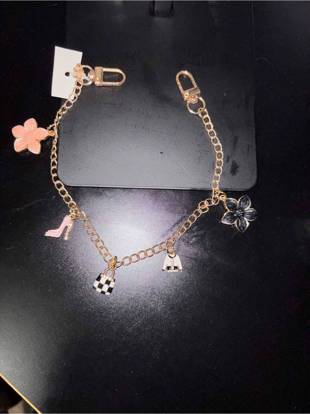 Gold-Tone Bag Charm with Pink and Black Enamel Accents - Women’s Bag Jewelry - Picture 3 of 3